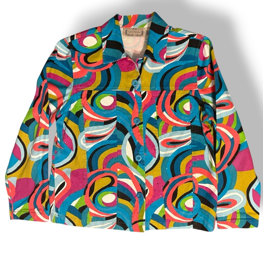 🚨3 for $15 Life Style Vintage Wearable Art Button Up Jacket Size Medium Sequins - Picture 2 of 14